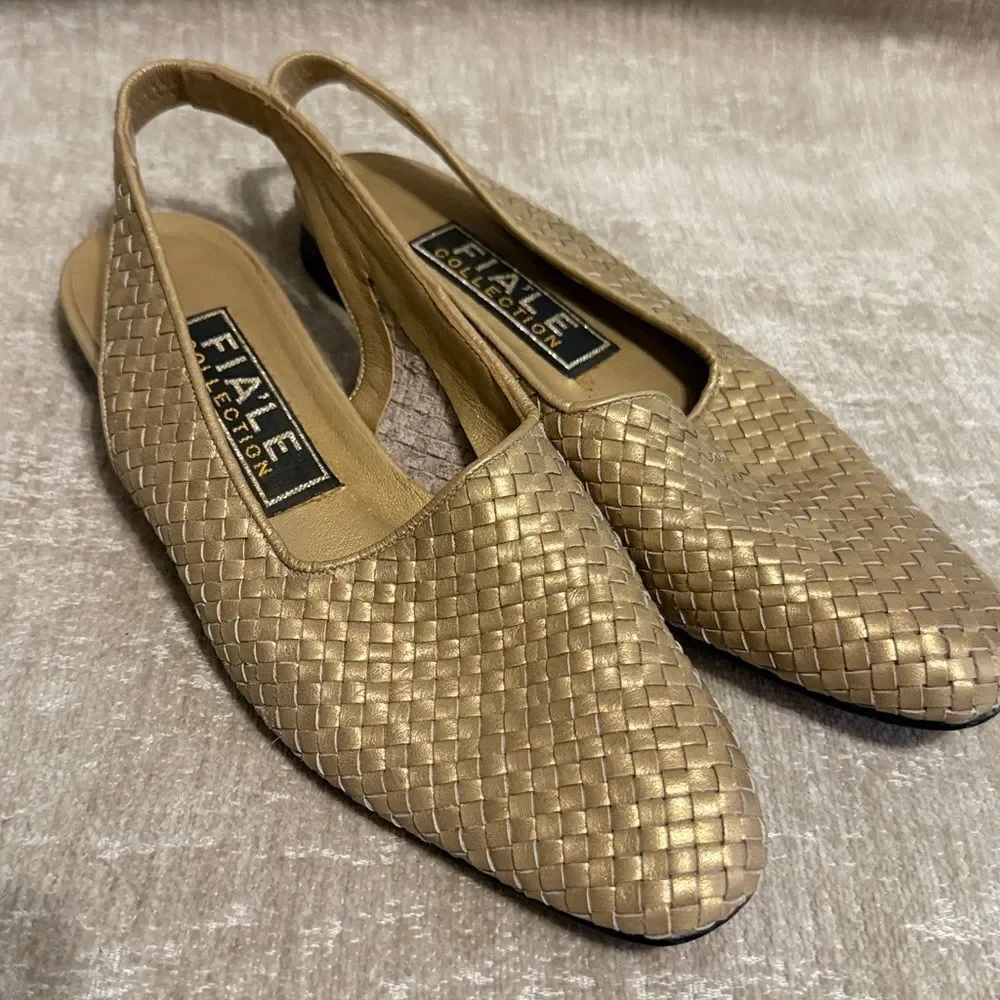 Fiale Collection gold woven leather slingback flats